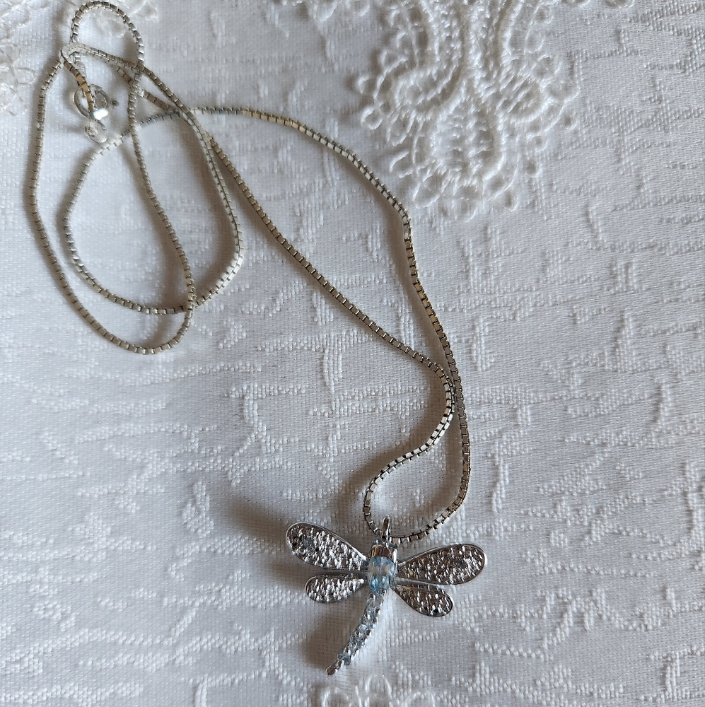 Women's 925 Aquamarine and Diamond Dragonfly Necklace